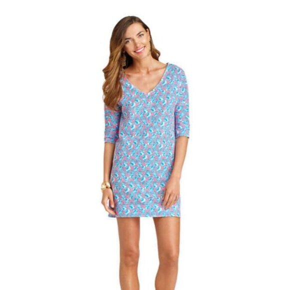 Lilly Pulitzer Eliza Cosmo Pink A Little Tipsy Blue Shell T-Shirt Dress M - Picture 1 of 4